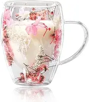 Gifts for Women Aesthetic Dried Flowers Double Wall Glass Coffee Mugs Tea Cups with Handles and Insulated Layer,for Women Best Friend Teacher Mum Christmas Birthday Gifts (Pink)
