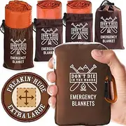Don't Die in The Woods - Freakin’ Huge Emergency Blankets [4-Pack] Extra-Large Thermal Mylar Space Blankets with Ripstop Nylon Stuff Sacks + Carabiner Zipper Pack [Survival Orange]
