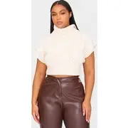 Plus Cream Cable Knit Cap Sleeve Roll Neck Cropped Vest, Cream