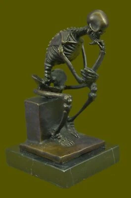 MODERN ART SOLID BRONZE "SKELETON THINKER" SIGNED MILO HOT CAST MARBLE ARTWORK