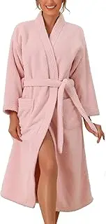 [cheibear] Womens Fluffy Fleece Robe Long Sleeve Thick Plush Self Tie Long Bathrobe for After Shower Spa Bath Suana Pink S