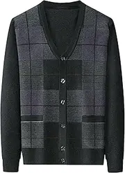 [SWJGLITTR] Men V Neck Sweater Cardigan Buttons Argyle Pattern Mens Cardigans Wool Blend Cable Knit Sweaters Jacket, A5 Dark Green, Large