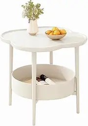 2 Tier Petal Side Table with 2 Storage Compartments, Mobile Sofa Side Table, Small Portable Tray Table, Desk Suitable for Kitchen Living Room and Bedroom (White, 50 * 50 * 50 CM