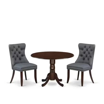 3-Piece Mahogany Finish Solid Wood Top-Round Dining Room Set with Dropleaf-Seats