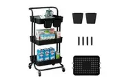 (Black)3 Tier Kitchen Rolling Storage Cart with Wheels Handle & Hooks & Cups
