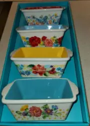 Pioneer Woman Mini Ceramic Loaf Pan Lot 4 Floral Medley Yellow Red Green Blue