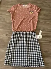 Girls S (fits 12-14) Blk/gray Check skirt/floral, butterfly top Burnt Peach