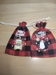 Set of 2 Christmas Red & Black Plaid Fabric Drawstring Gift Bags