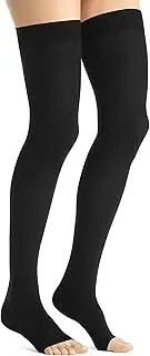 JOBST Maternity Opaque Thigh High Compression Stockings, 15-20 mmHg Moderate Support for Aching Legs During Pregnancy, Open Toe, Black, Large