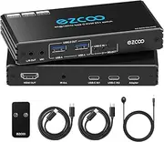 4K@120Hz USB-C KVM Switch HDMI2.1 2 Laptops with 2 USB 2.0 Ports L/R MIC Out Share 1 Monitor Keyboard Mouse Hard Drive Printer with PD100W Power Supply, 2 Type C Cables, IR Remote Control