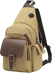 [SUIKIHUM] Canvas Sling Bag for Women Men, Crossbody Backpack Vintage Convertible, Rucksack Shoulder Bag W/Leather Accents for Outdoor Cycling Hiking Travel, Khaki, Khaki