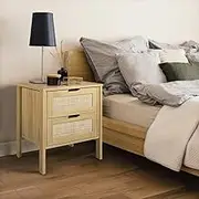 Furb Bedside Table with 2 Storage Drawers Rattan Side End Table Small Narrow Nightstand for Living Room Bedroom Furniture, 48x39.5x56cm