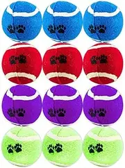 [12PCE] Pet Basic Dog Tennis Fetch Balls, Safe for Dog's Teeth, Paw Design On Ball, Suitable for Indoor and Outdoor Use, Provides Quality Play Time for You and Your Dog -Assorted Colors (6cm)