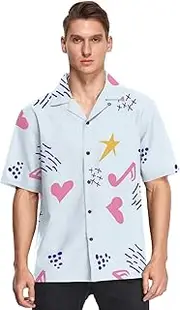 [GuoChe] Hawaiian Mens Button Up Shirts Short Sleeve Valentine's Day Pink Musical Notes Doodles Blue Formal Camisa de Vestir