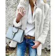 Women's Coat Warm Comfortable Fur Collar Casual Plain Going out Casual Daily Open Front Regular Turndown Regular Fit Long Sleeve Outerwear White Pink Red Fall