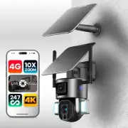 4K Security Camera 4G Dual Solar Panel Battery 24/7 Recording Outdoor 10X Zoom