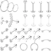[Kakonia] 30Pcs 16G Cartilage Helix Earrings for Women Girls Surgical Steel CZ Ball Heart Star Flat Back Earrings Segment Ring Labret Studs Conch Tragus Helix Piercing Jewellery Silver/Gold