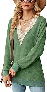 [ZPLxi] Womens Fall Long Sleeve Tops V Neck Lace Trim Lightweight Soft Shirts Color Block Side Split Hem Loose Fit Tunic Blouses