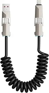 [GDSanlian] USB-C to USB-C Coiled Charging Cable 2M with Lightning/USB-A Adapters - 4-in-1 Retractable Cord,Data Sync & LED Indicator, Silicone/Zinc Alloy for iPhone/Samsung/Car (Black, RCM Certified)