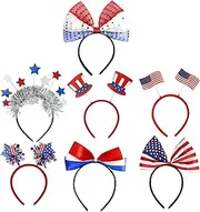 [Generic] Fourth of July Headbands | Red White and Blue Headband Hair Accessories - Set of 7 Patriotic Hair Hoops for 4th of July Memorial Veterans Independence Day Parade, Party Favors