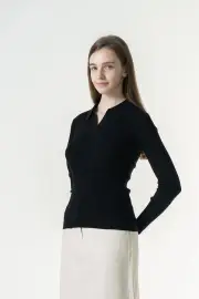 Merinosnug Ribbed Collared Long Sleeve Top – 100% Wool, Black / S