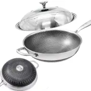 32cm 304 Stainless Steel Non-Stick Stir Fry Cooking Kitchen Honeycomb Wok Pan with Lid