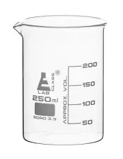 Eisco Labs 250ml Beaker, Low Form - 50ml Graduations - Borosilicate Glass