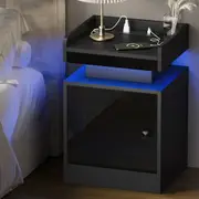 Oikiture Bedside Table LED Nightstand USB Charging Station Side Table Black