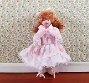 Dollhouse Victorian Girl Doll Fancy Pink Dress Porcelain Poseable 1:12 Scale