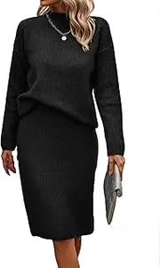 [HaiDu] Women's 2 Piece Skirts Outfits Long Sleeve Knit Pullover Split Bodycon Midi Skirt Fall Winter Sweater Dresses Set (Color : Black, Size : X-Large)