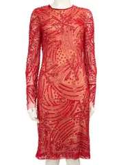 Red Sequin Embellished Knee Length Dress