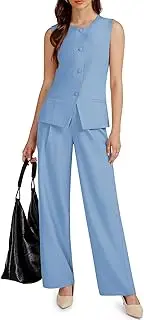 [Casly Lamiit] Women's 2 Piece Blazer Outfits Sleeveless Crewneck Vest Wide Leg Pantsuit 2025 Dressy Casual Work Sets