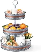 Plexon 3 Tiered Tray Stand, Metal Tiered Serving Tray, Round Seafood Tower, Centerpiece Three Tiered Serving Stand, Galvanized Steel Trays, Silver with Copper Trim Farmhouse 3 Tier Stand for Fruit