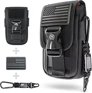 Tactical Molle Phone Pouch with Compass Buckle, Tactical Phone Holster Molle Cell Phone Pouch Universal Belt Waist Bag for IP 15/14/13 Pro Max / S22/S21 with US Patch & Paracord Keyring Clip