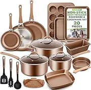 NutriChef 20-Piece Nonstick Kitchen Cookware Set - PTFE/PFOA/PFOS-Free Heat Resistant Kitchen Ware Pots Baking Pan Set w/Saucepan, Frying Pans, Cooking Pots, Oven Pot, Lids, Matt Gold NutriChef