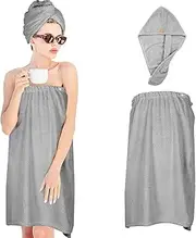 Women Microfiber Bath Wrap Towel and Hair Drying Towel - Adjustable Soft Body Wraps Dress with Hair Towel, Super Absorbent to Quick Drying Hair and Body (Grey)