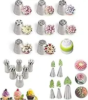 20 PCS Russian Piping Tips Russian Piping Nozzle Set Russian Piping Tips for Cake Decorating Baking Supplies Set (8 Flower Frosting Tips + 1 Coupler + 5 Leaf Tips + 6 Ball Tips)