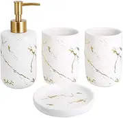 Bathroom Accessory Set, 4 Pcs Ceramic Bathroom Set Luxury Marble Bath Accessories Set Bathroom Décor Accessories Toothbrush Holder, Lotion Dispenser, Tumbler, Soap Dish (White)