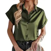 Women's Satin Shirt Black Green White Lapel Button Up Short Sleeve Tops Ladies Loose Blouse army green XL