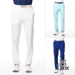 【LYNX GOLF】男款防潑水彈性舒適LYNX字樣俏皮印花三色織帶剪接造型平口休閒長褲(三色)