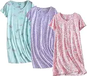 [PNAEONG] 3 Pack Women's Cotton Nightgown Sleepwear Short Sleeves Shirt Casual Print Sleepdress