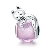 Silver plating Cute Cat Pussy Big Stone Charm Beads Fit Women Bracelet DIY Beads Jewelry