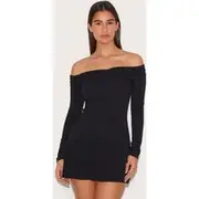 Black Ribbed Bardot Cross Over Bust Detail Shift Dress, Black