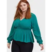 NWT Torrid Size 1X Peplum Gauze Peasant Top Cadmium Green