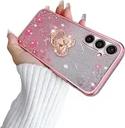 for Galaxy S23-FE Case, Samsung S23 FE Phone Case Tpu Crystal Butterfly Heart Floral for Women Magnetic Shockproof with Kickstand [Glitter Card & Strap] Protection Cover for S23 FE 5G (Glitter Rose)