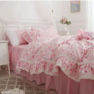 公主床罩 花棲 粉紅色 5尺 標準雙人 薄床罩四件組 公主床裙 蕾絲 薄紗 荷葉邊 床裙組 床罩組 台灣賣家 台灣出貨