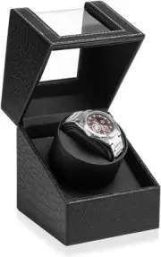Automatic Single Watch Winder in Black Crocodile Pattern Leather with Japanes...