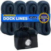 Dock Lines 1/2"x15' with 12" Eyelet, 4-Pack Navy Blue Premium Double Braid Nylon