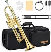 SONICAKE Bb Standard Trumpet Set with Hard Case for Beginner, Brass Student Trumpet Instrument, include Cleaning Kit, 7C Mouthpiece and Gloves, Golden QTP-01