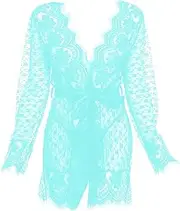 [Generic] Women Sexy V-neck Kimono Robe Floral Lace Mesh Nightgown Lingerie Babydoll Nightdress Sheer Chemise Cover ups (Light Green,Large), Light Green, Large